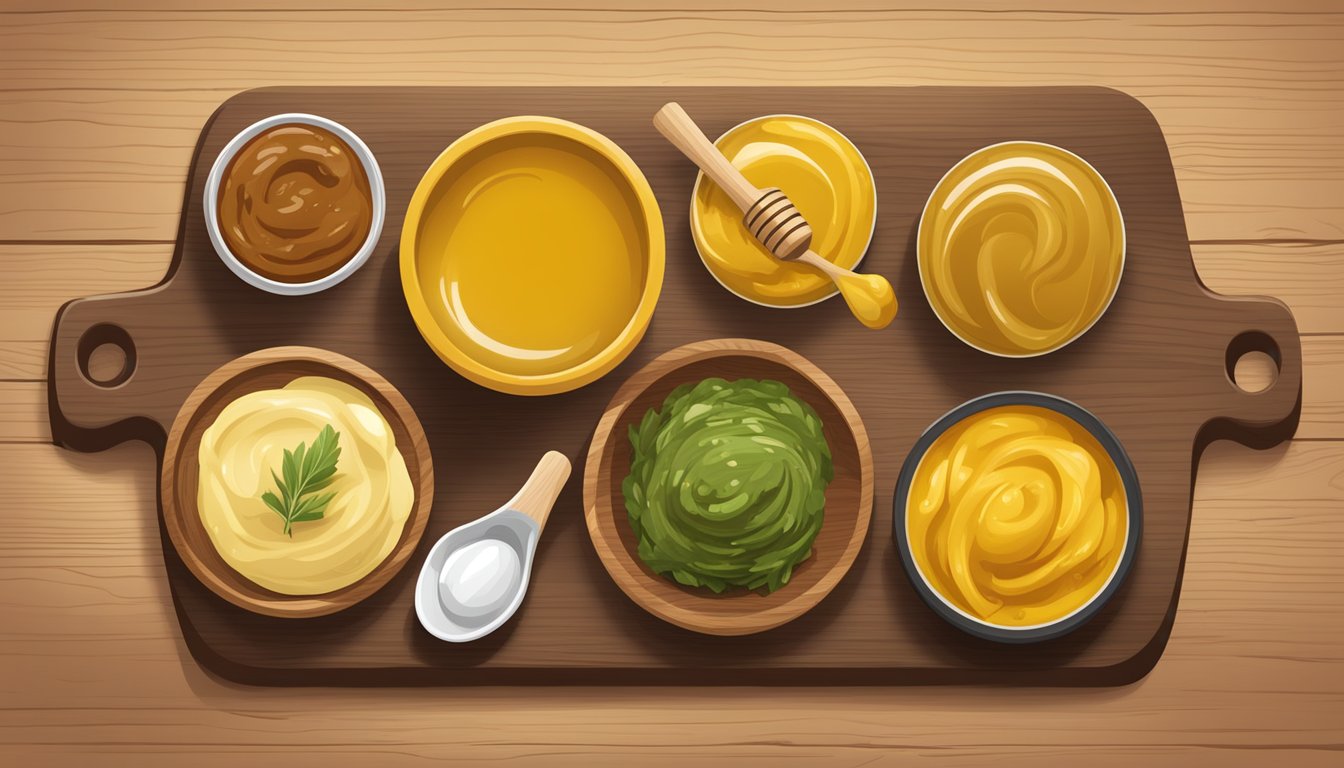 A variety of condiments arranged on a wooden cutting board, including Dijon mustard, honey mustard, and spicy brown mustard