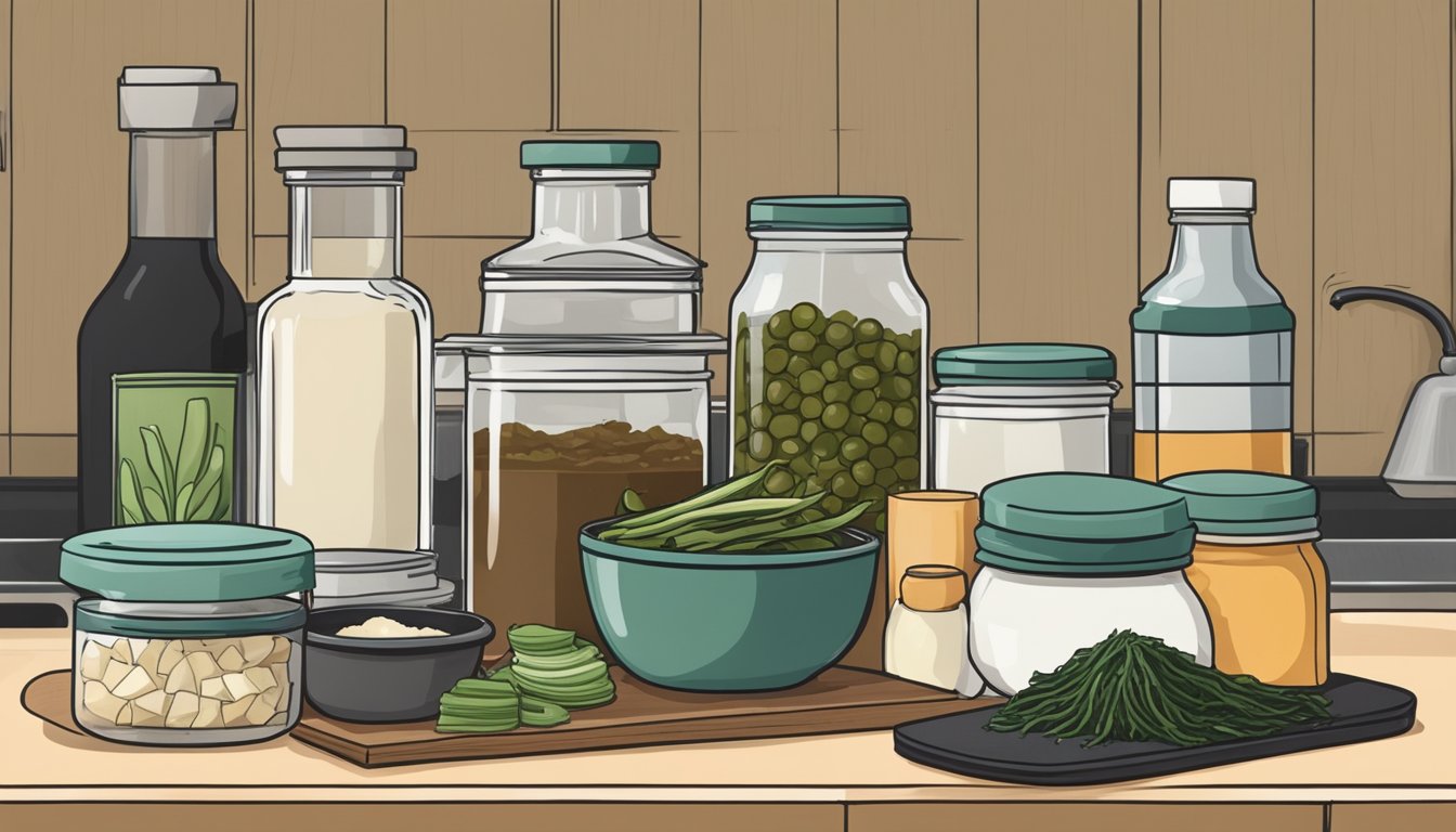 A small jar of anchovy paste sits next to various alternative ingredients like miso, soy sauce, and seaweed, on a clean, organized kitchen counter