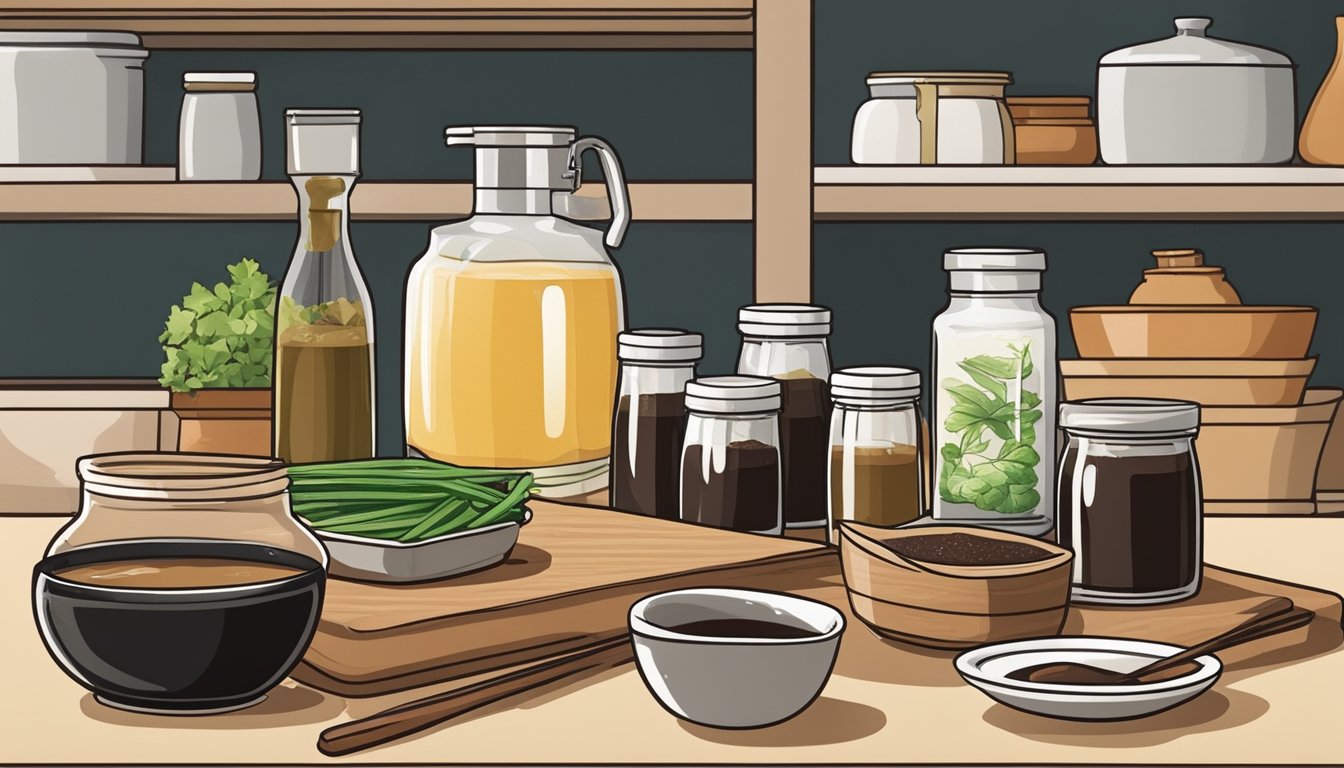 A variety of ingredients, such as soy sauce, miso paste, and Worcestershire sauce, displayed on a kitchen counter for choosing the right substitute for anchovy paste