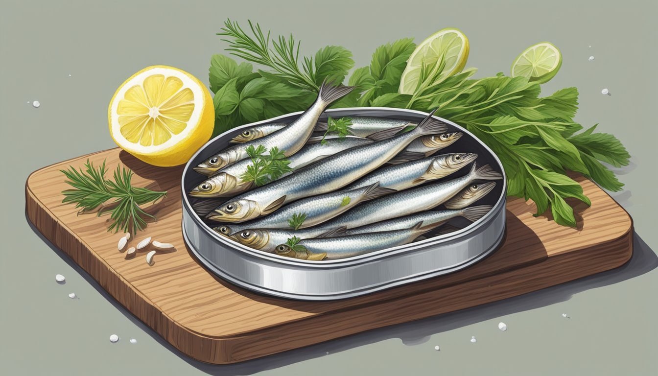 A small tin of anchovies sits open on a wooden cutting board, surrounded by fresh herbs and lemon slices. The room is filled with the pungent aroma of the salty fish