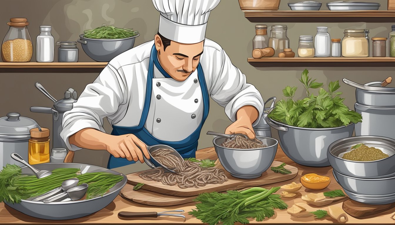 A chef carefully selects and grinds fresh anchovies to create a rich and flavorful paste, surrounded by various traditional cooking ingredients and utensils