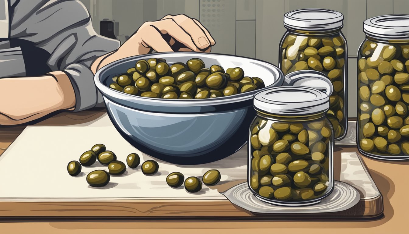 A chef's hand reaching for a jar of capers and a bowl of olives on a kitchen counter, with a can of sardines nearby