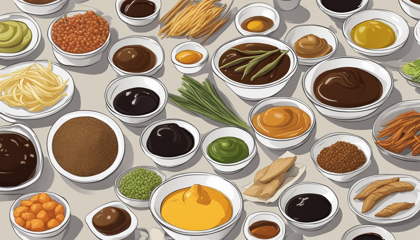 A variety of condiments and sauces arranged on a table, including soy sauce, miso paste, and Worcestershire sauce, with anchovies in the background