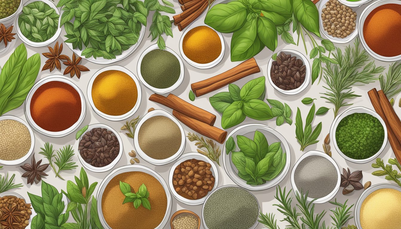 A variety of herbs and spices arranged in a colorful and aromatic display, including basil, thyme, rosemary, paprika, and cumin