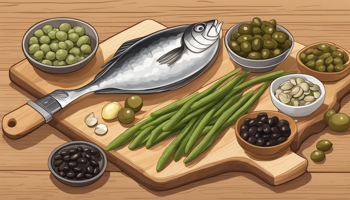 A variety of ingredients such as capers, olives, and miso paste are laid out on a wooden cutting board, ready to be used as substitutes for anchovies