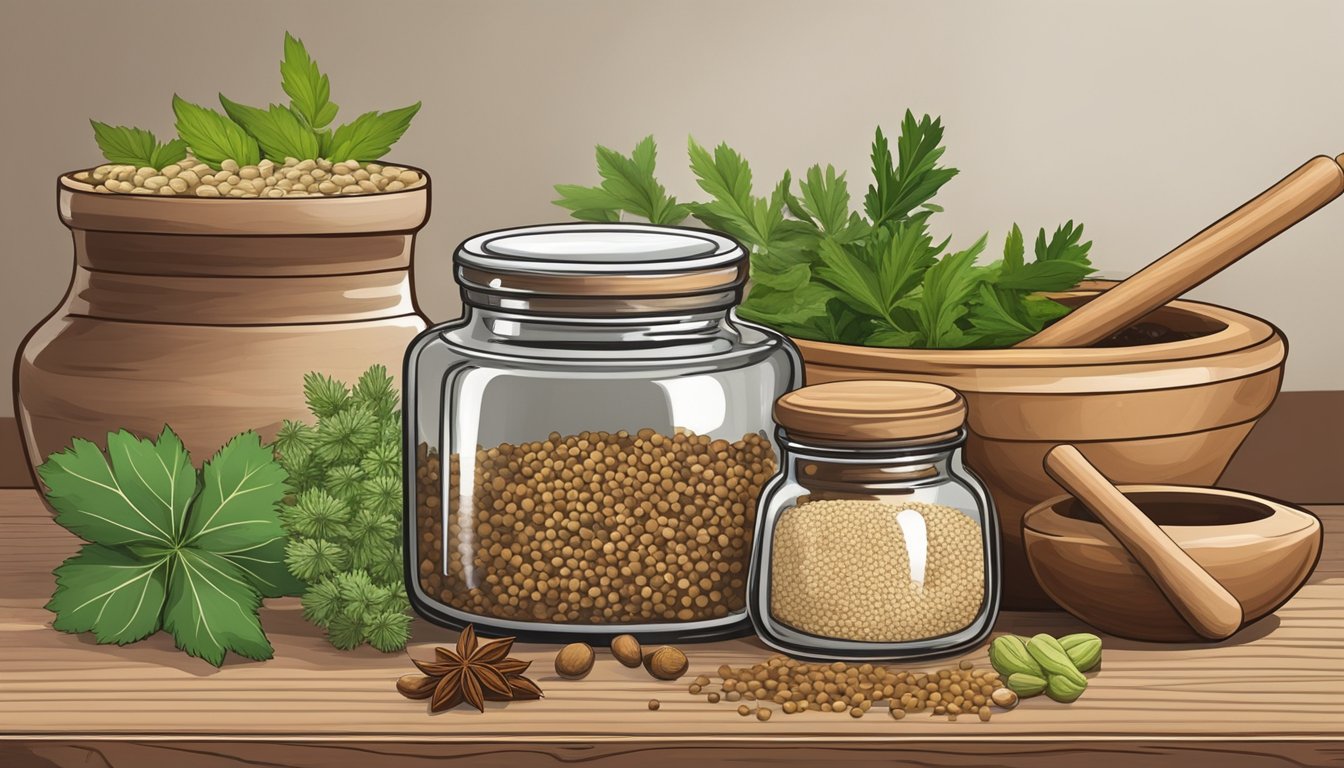 A small jar of angelica seeds sits on a wooden table next to a mortar and pestle, surrounded by various herbs and spices