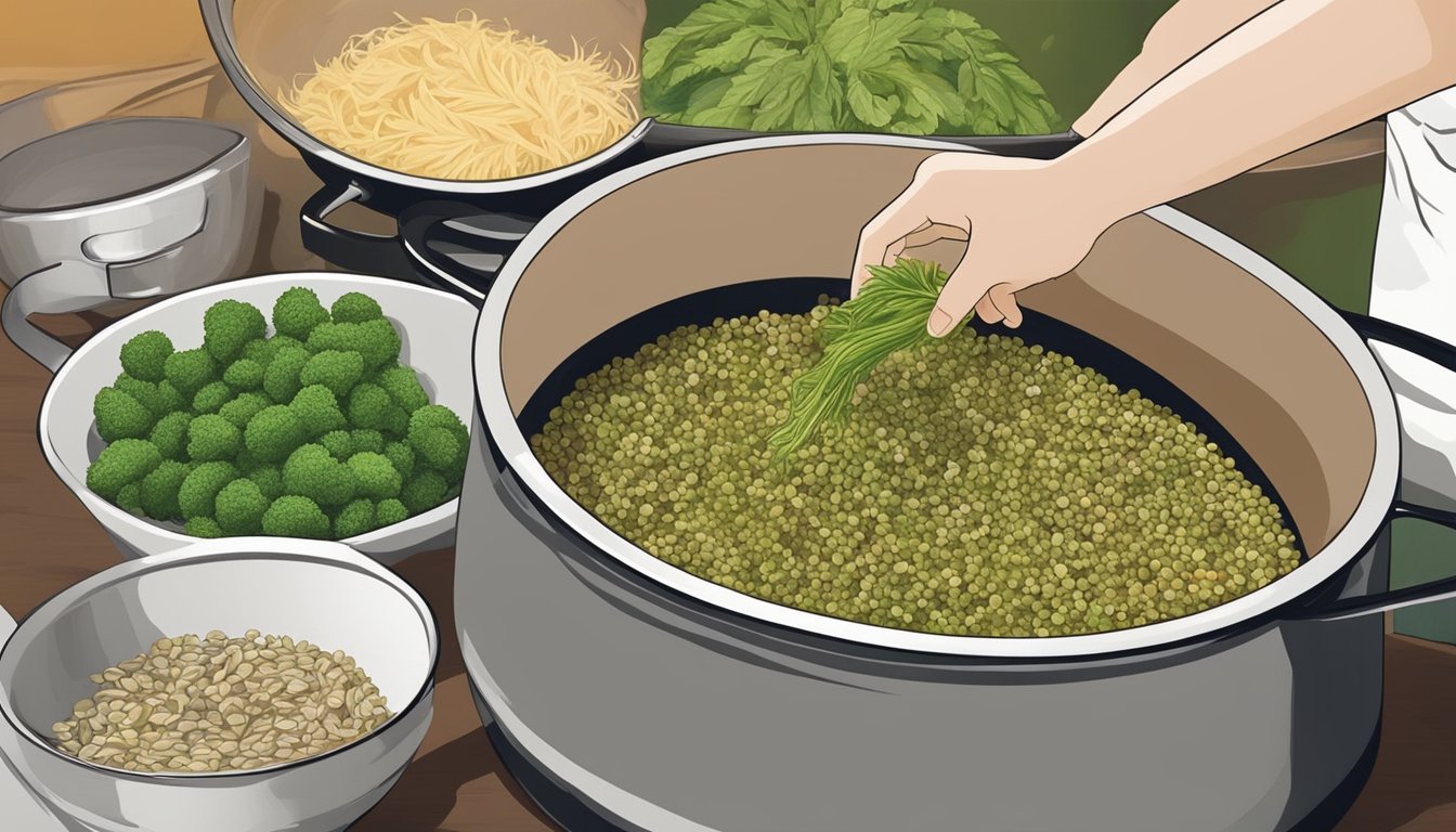 Angelica seeds being used as a substitute in a dish, with a chef adding them to a pot of simmering soup