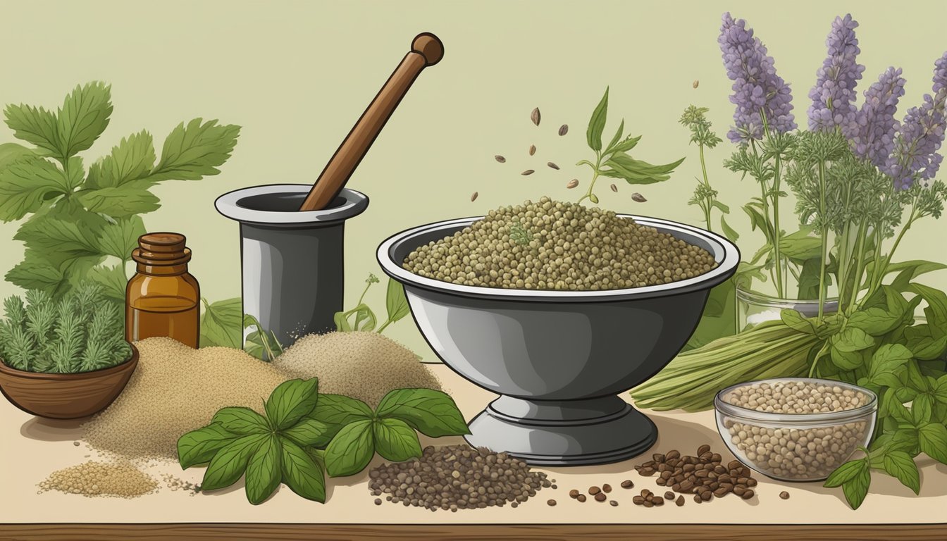 A mortar and pestle crushing various herbs and seeds, with a focus on angelica seeds being substituted by other natural remedies