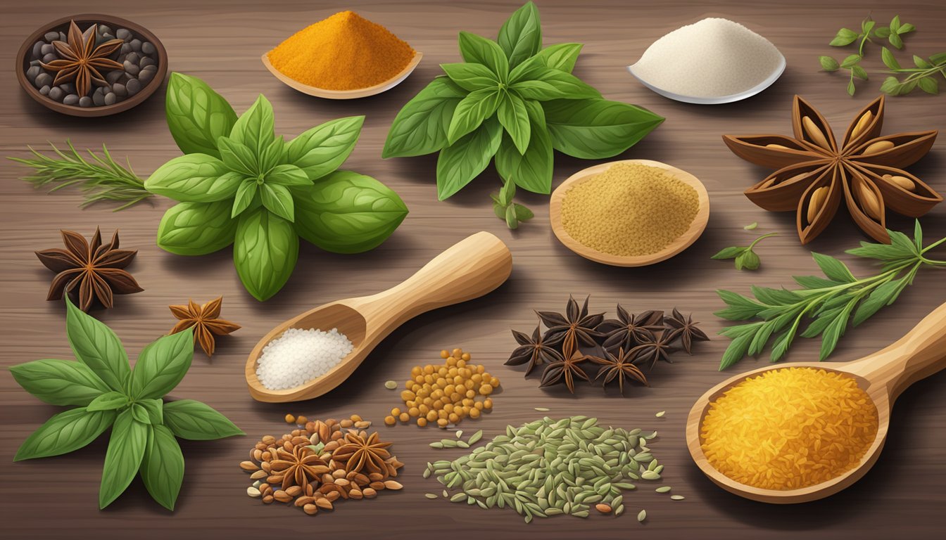 A variety of anise and aniseed substitutes arranged on a wooden cutting board with fresh herbs and spices scattered around them