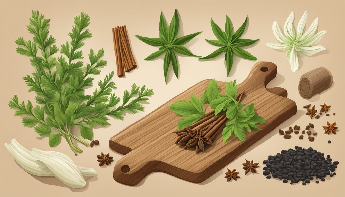 A variety of herbs and spices, such as fennel, star anise, and licorice root, arranged on a wooden cutting board