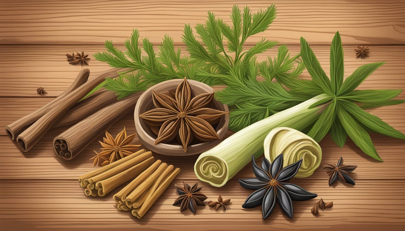 A variety of anise substitutes including fennel, star anise, and licorice root arranged on a rustic wooden table