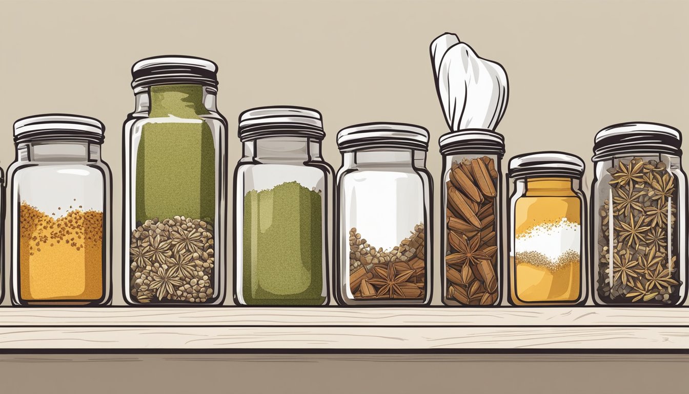 A chef reaching for different spices on a kitchen shelf. Anise, fennel, and star anise are lined up in jars