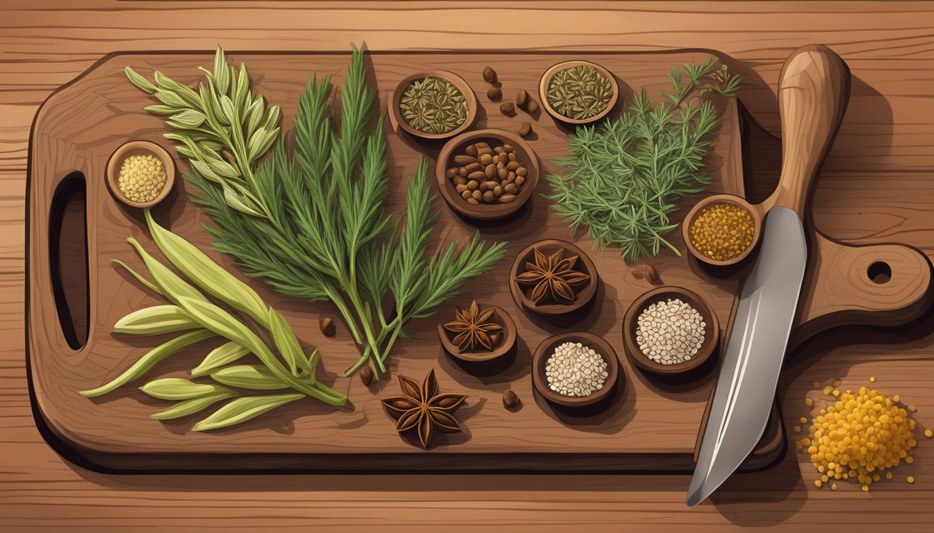 A variety of herbs and spices arranged on a wooden cutting board, including fennel seeds, star anise, and licorice root