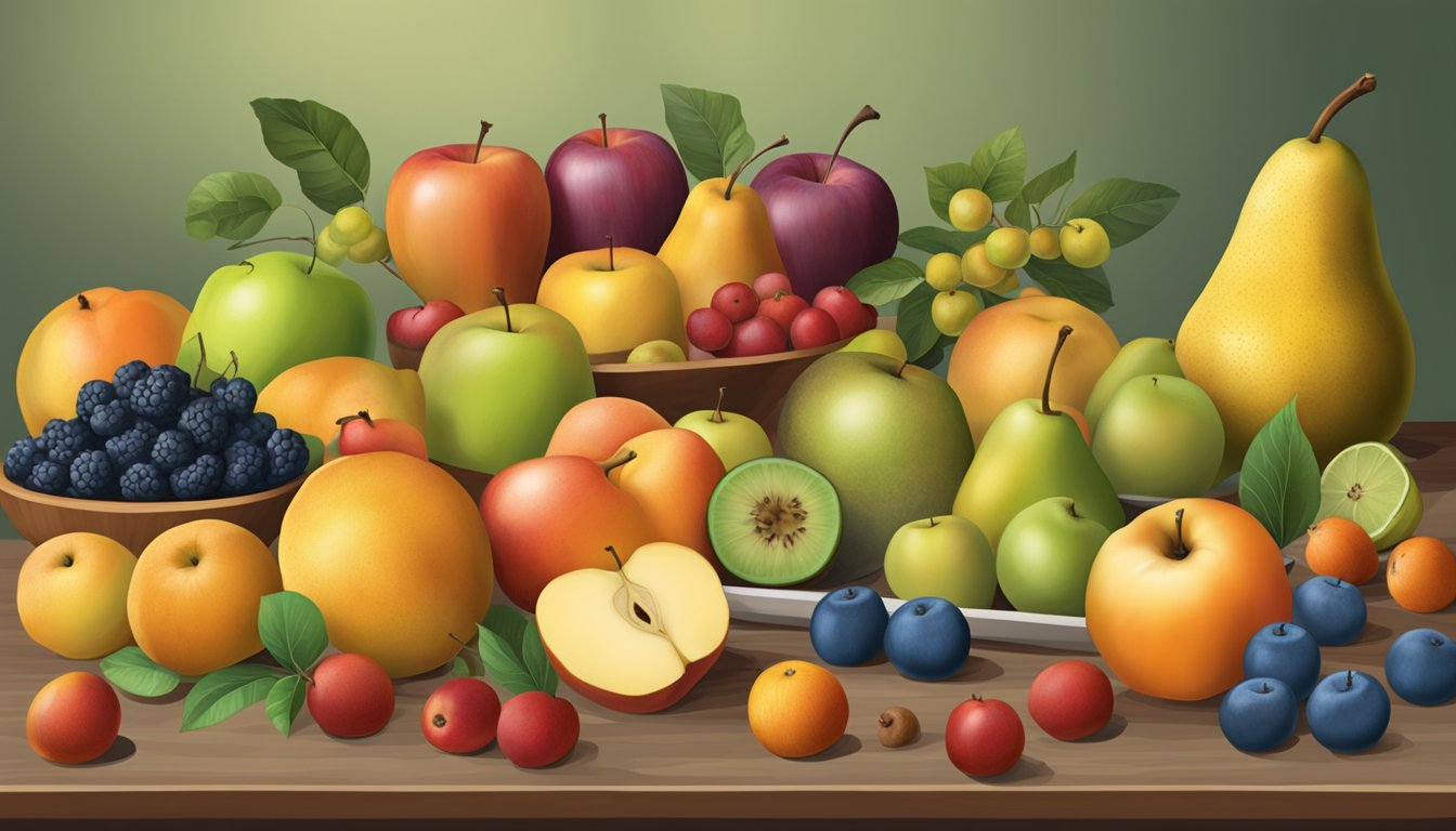 A variety of fruits arranged on a table, including apples and their substitutes such as pears, quinces, and persimmons