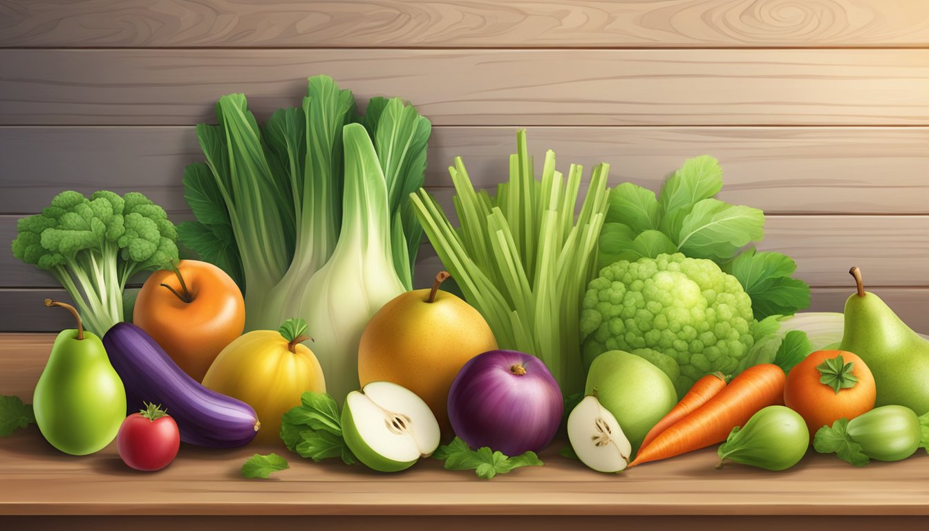 A variety of fruits and vegetables, such as pears, carrots, and celery, are arranged on a wooden table