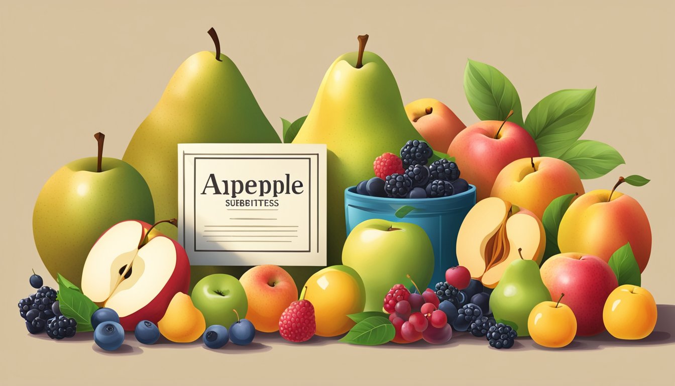 A variety of fruits arranged in a colorful display, including pears, peaches, and berries, with a sign indicating "Apple Substitutes."