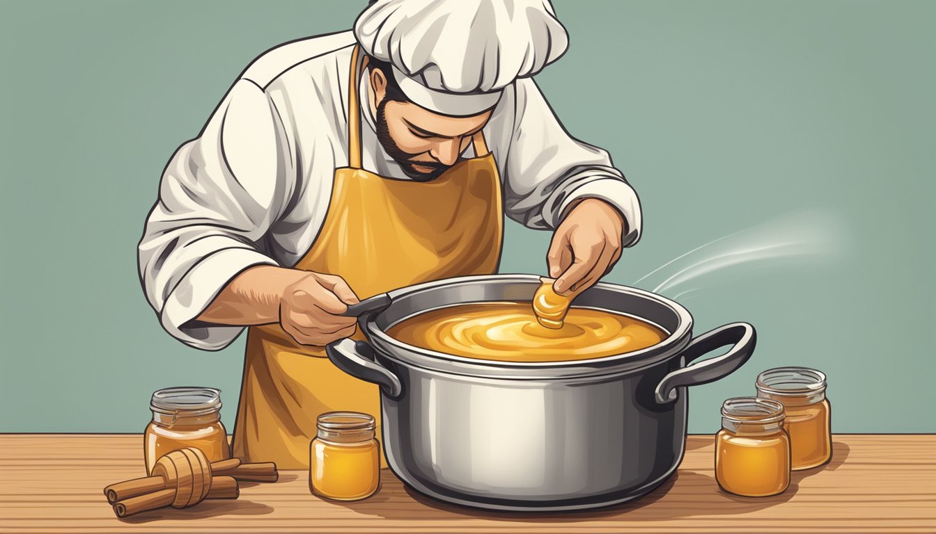 A chef adding honey and cinnamon to a pot of applesauce