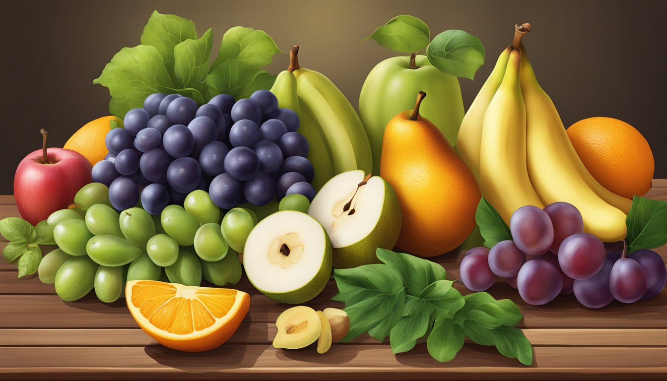 A variety of fruits and vegetables arranged on a wooden table, including pears, oranges, bananas, and grapes