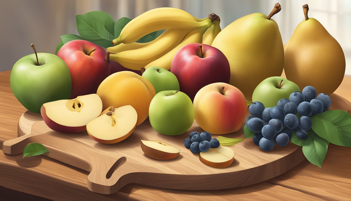 A variety of fruits arranged on a cutting board, including pears, peaches, and bananas, with a measuring cup of apple sauce nearby