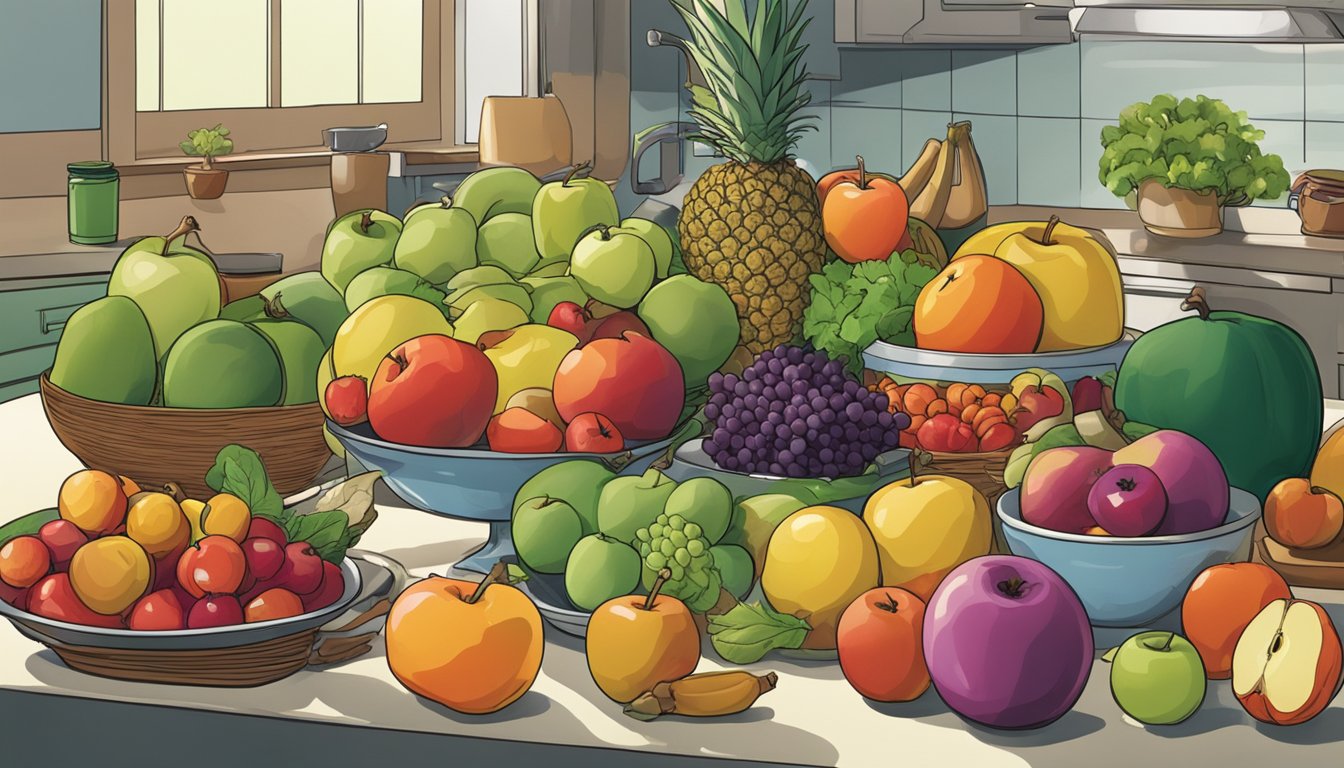 A variety of fruits and vegetables arranged on a kitchen counter, with apples being replaced by other fruits as potential substitutes