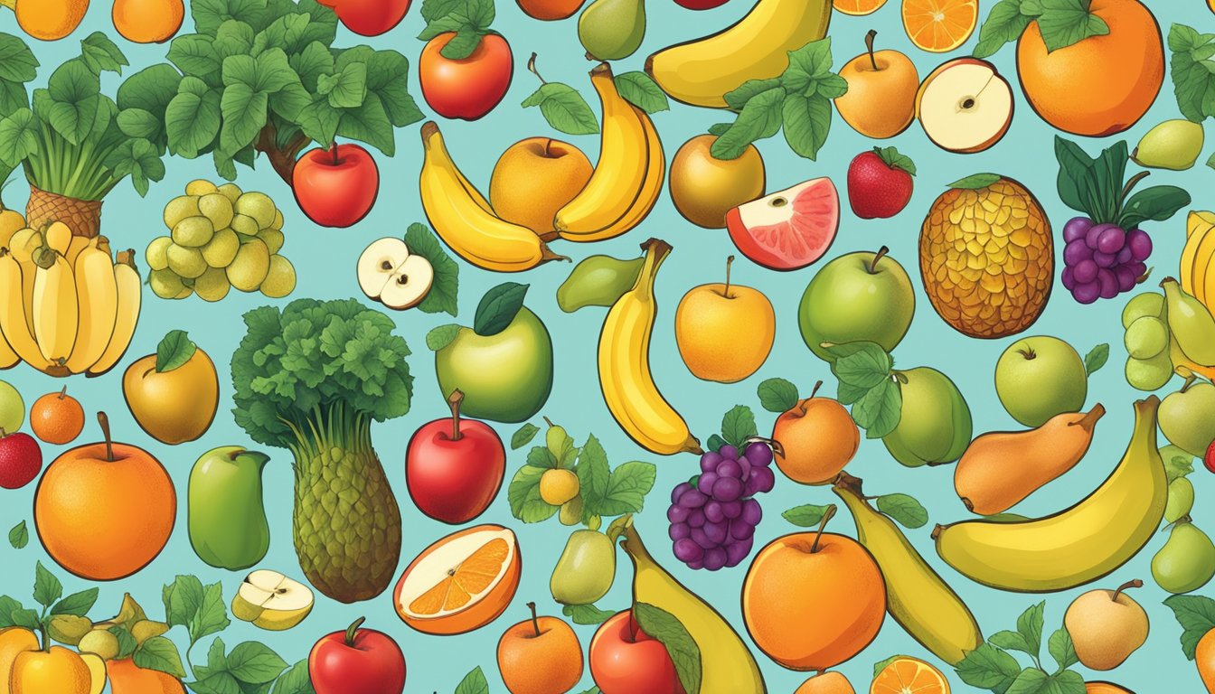 A variety of fruits and vegetables arranged in a colorful display, including apples, bananas, pears, and oranges