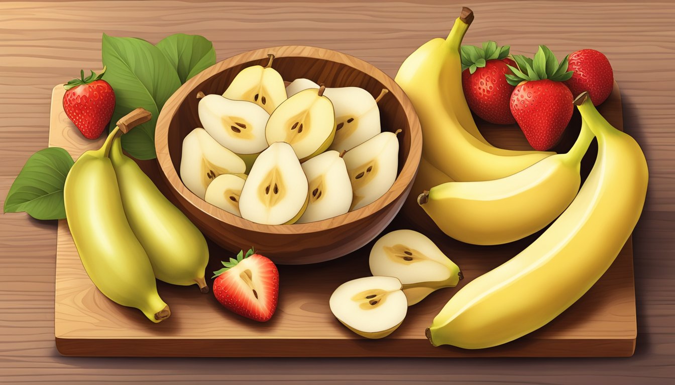 A bowl of sliced pears, bananas, and strawberries arranged on a wooden cutting board