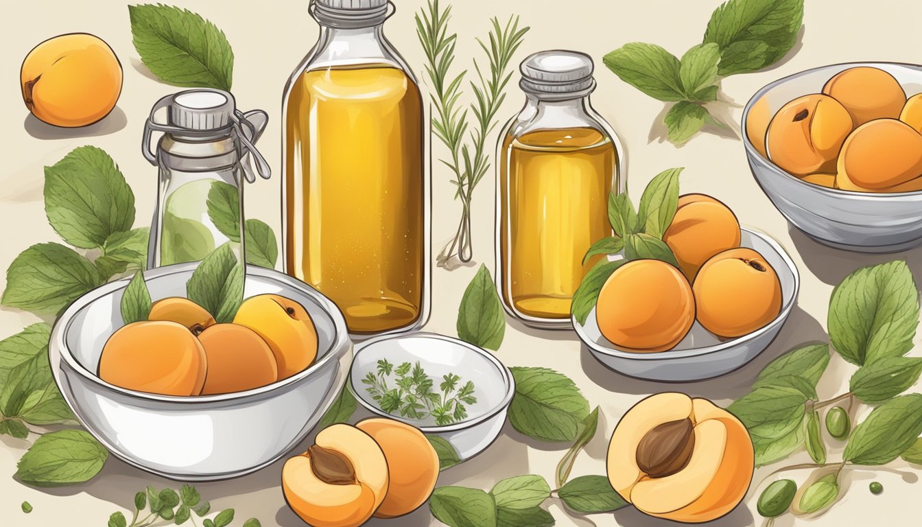 A bottle of apricot vinegar surrounded by various fruits and herbs, with a measuring spoon and a mixing bowl nearby