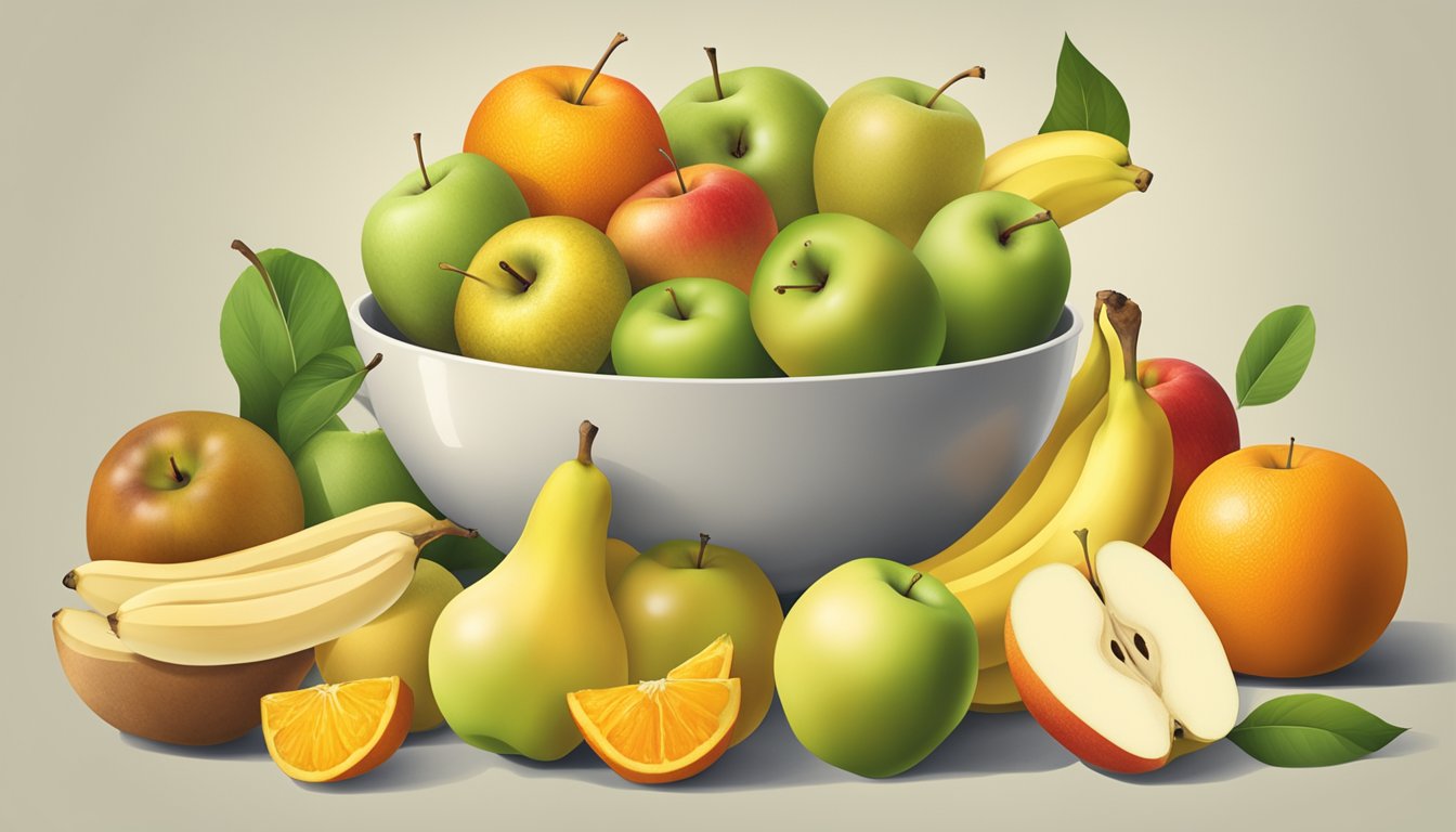 A bowl of apples surrounded by various alternative substitutes such as bananas, oranges, and pears