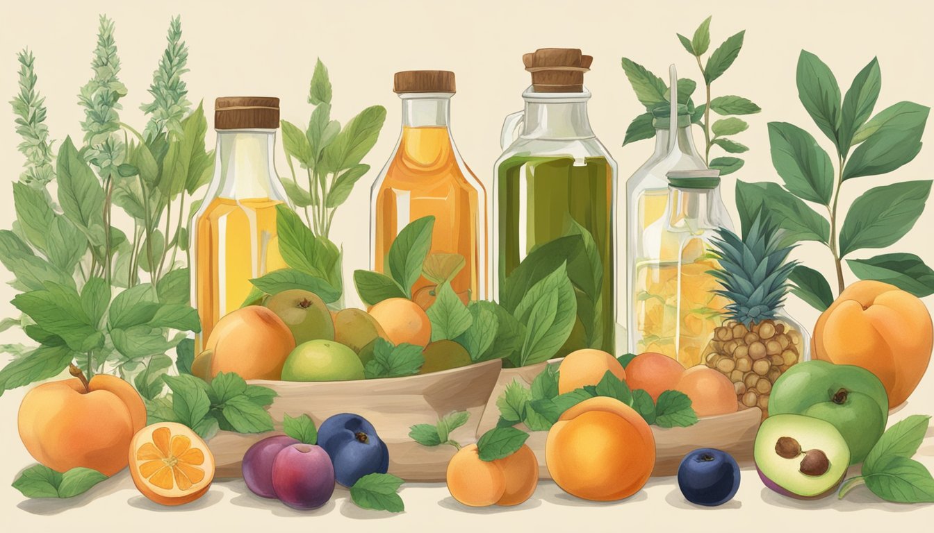 A variety of fruits and herbs arranged next to a bottle of apricot vinegar, suggesting potential substitutes