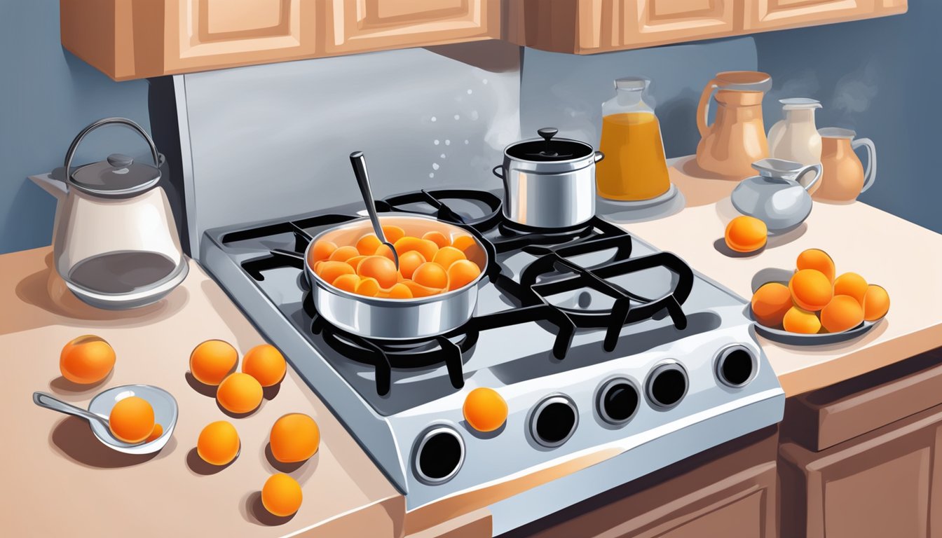 Ripe apricots being added to a bubbling pot of sweet dessert mixture on a stove