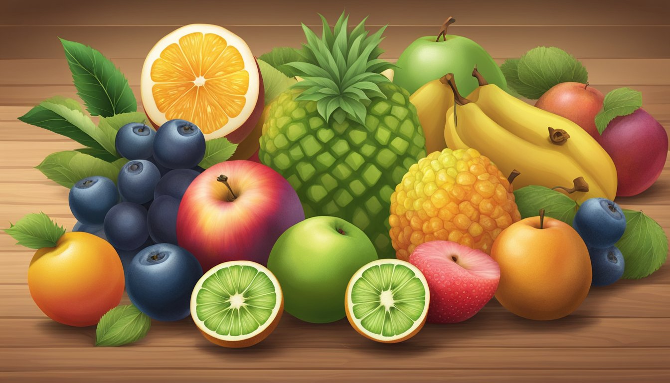 A variety of fruits with different textures and colors arranged on a wooden cutting board. Some are soft and juicy, while others are firm and slightly tart