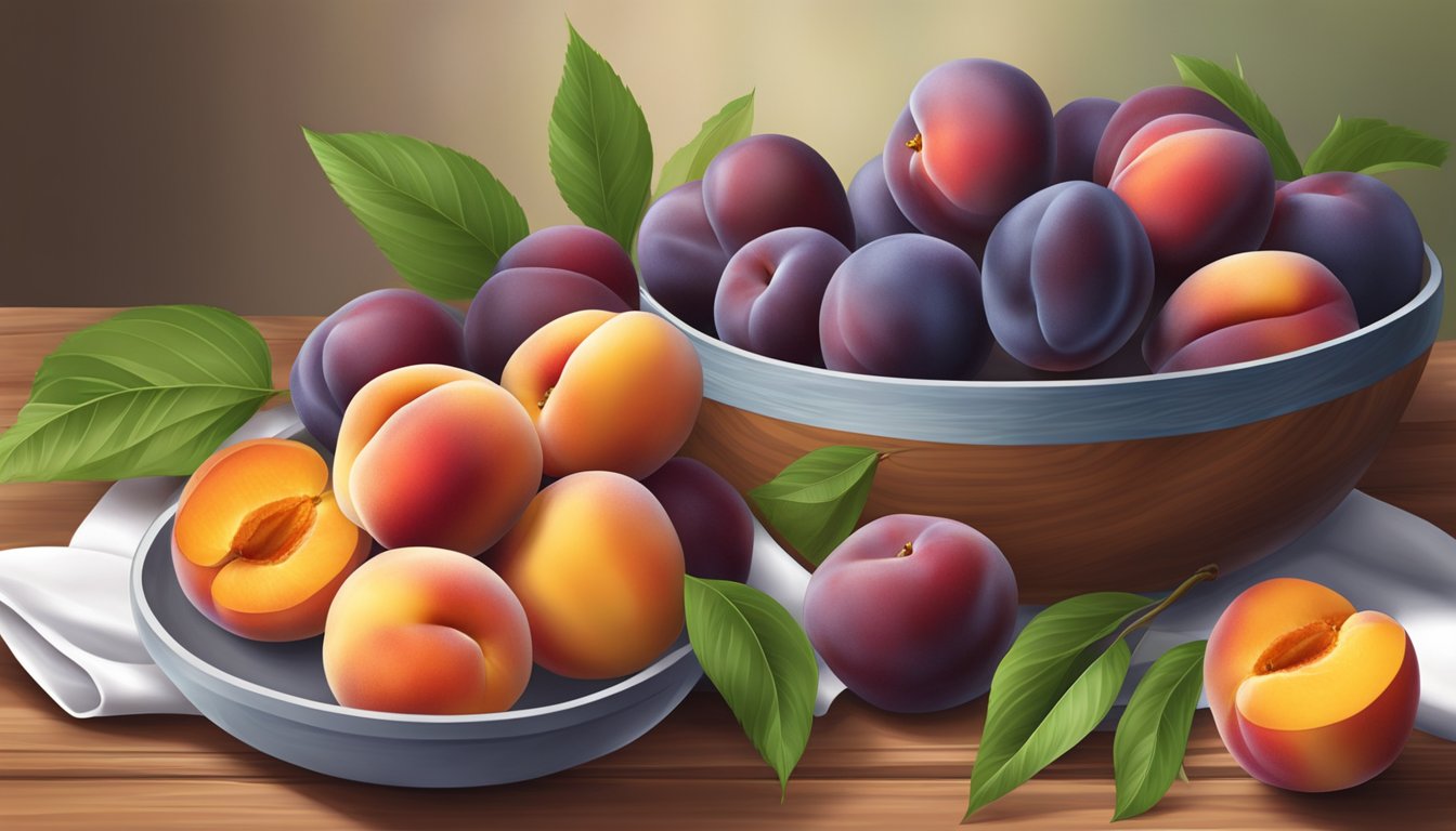 A bowl of ripe peaches, plums, and nectarines arranged on a wooden cutting board