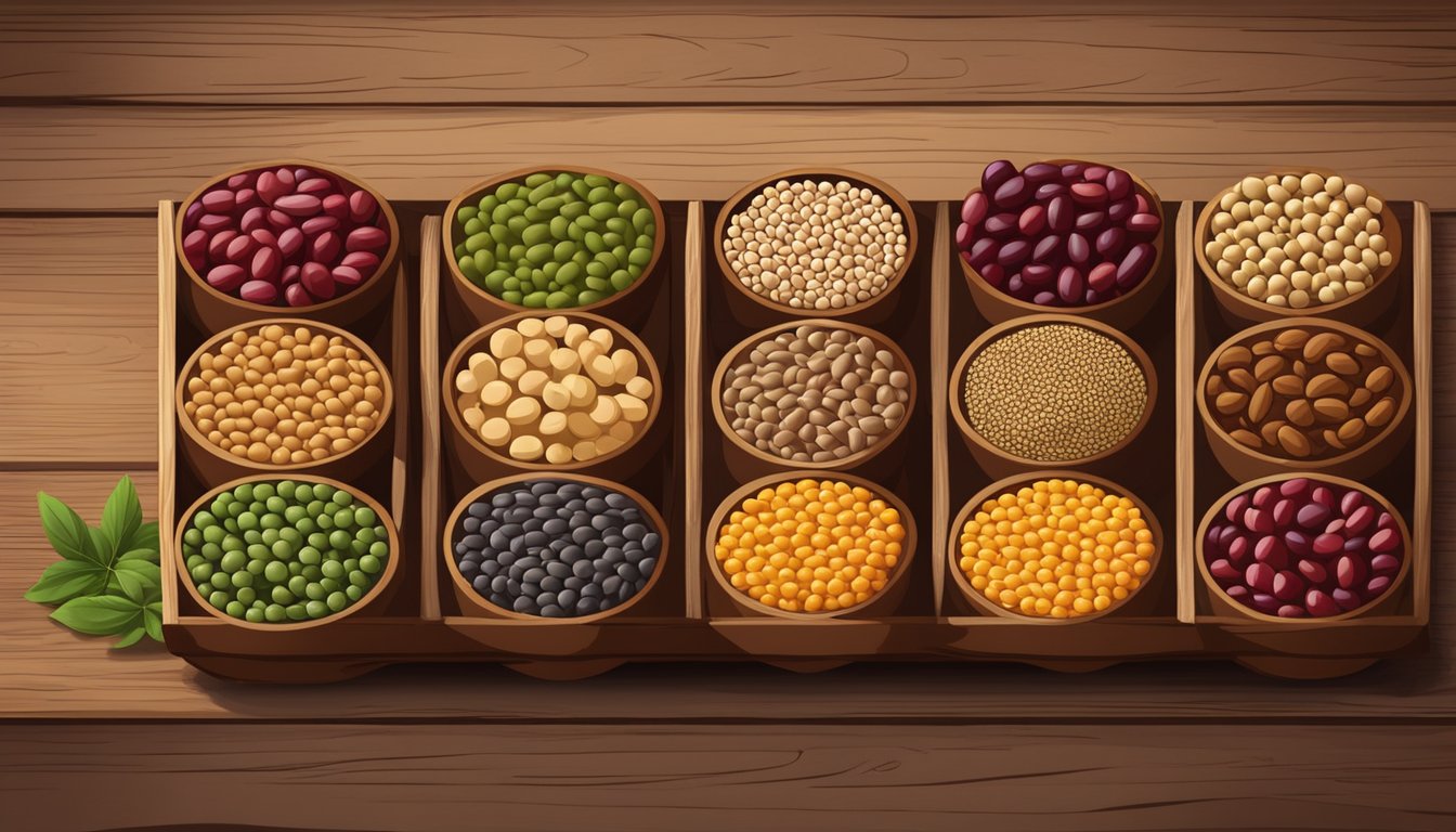 A colorful array of alternative pulses and legumes, including lentils, chickpeas, and kidney beans, arranged in a rustic wooden bowl