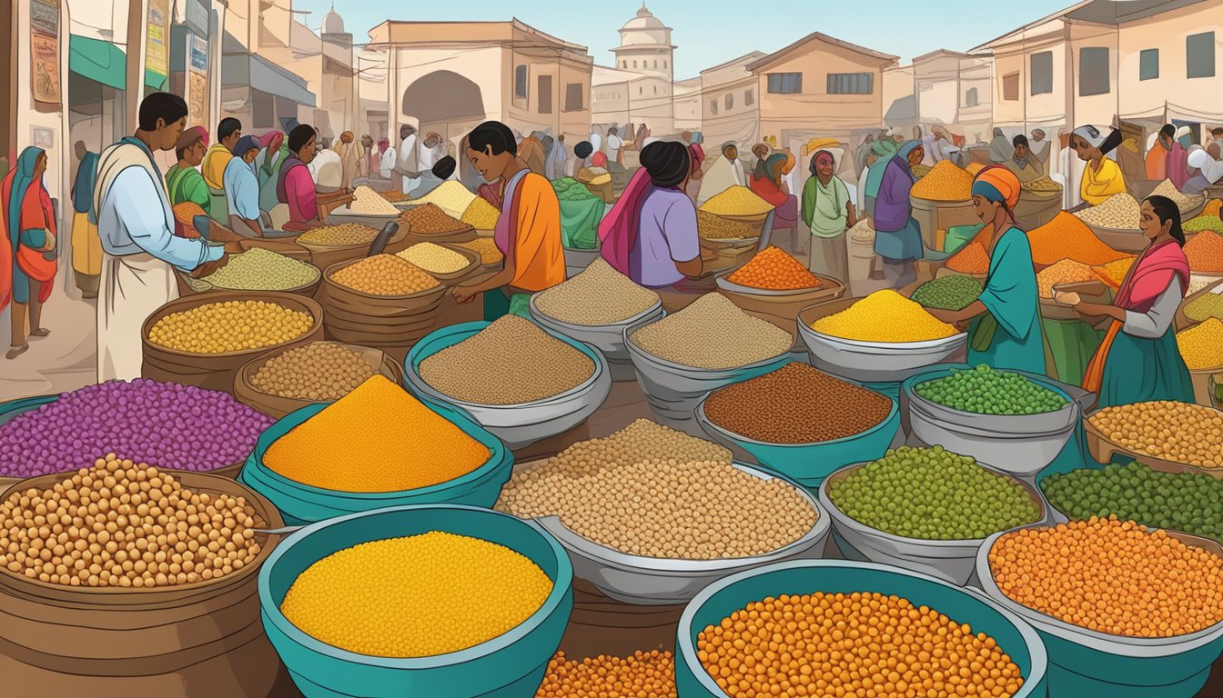 A bustling market with various colorful and aromatic pulses on display, including lentils, chickpeas, and other arhar dal alternatives