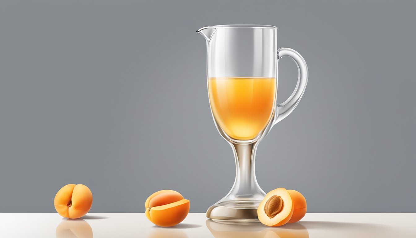 A glass of liquid apricot substitutes poured into a clear, elegant decanter