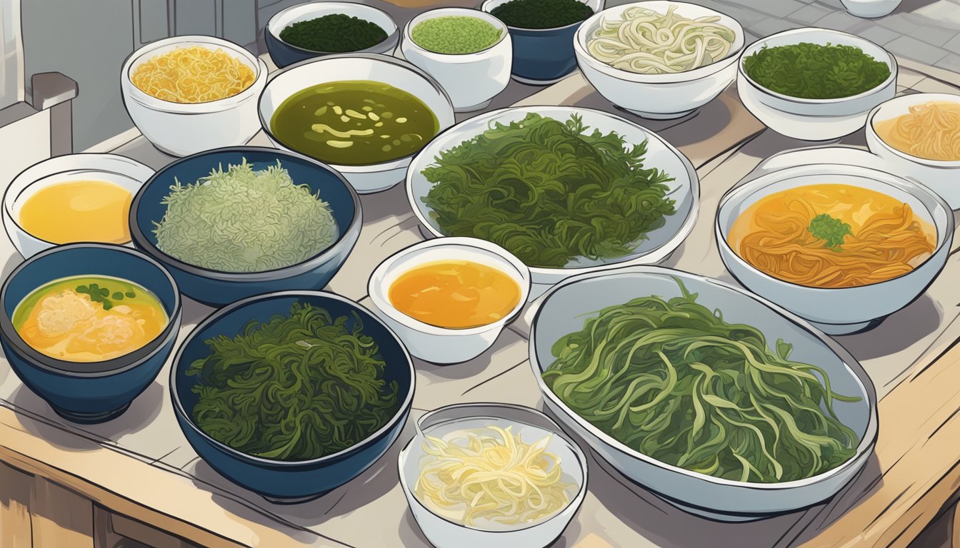 A colorful array of seaweed varieties arranged on a kitchen counter, with bowls of miso soup and stir-fry dishes in the background