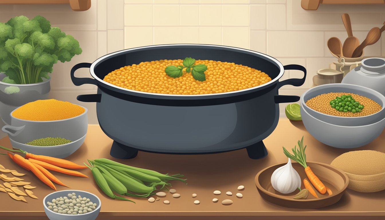 A pot of arhar dal sits on a stove, while a variety of substitute ingredients such as lentils, beans, and vegetables are arranged nearby