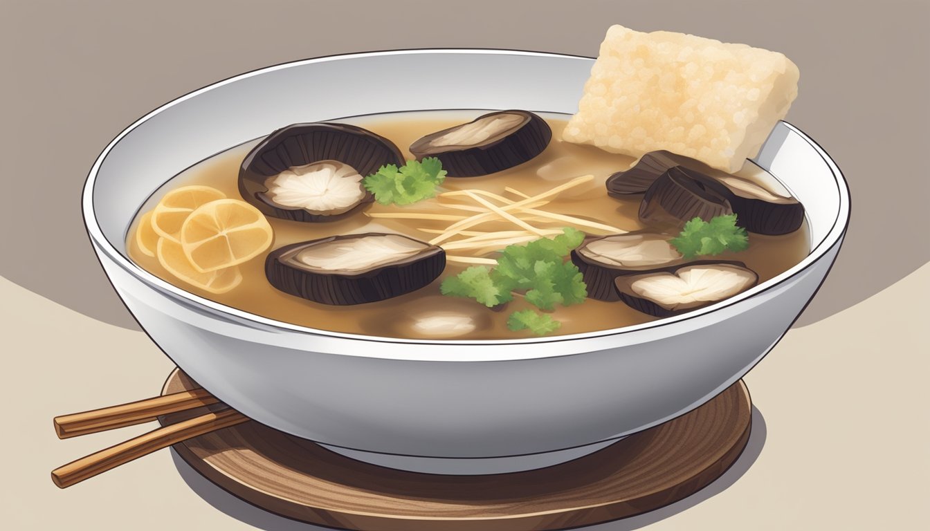 A bowl of miso soup with floating slices of shiitake mushrooms and chunks of rehydrated arame