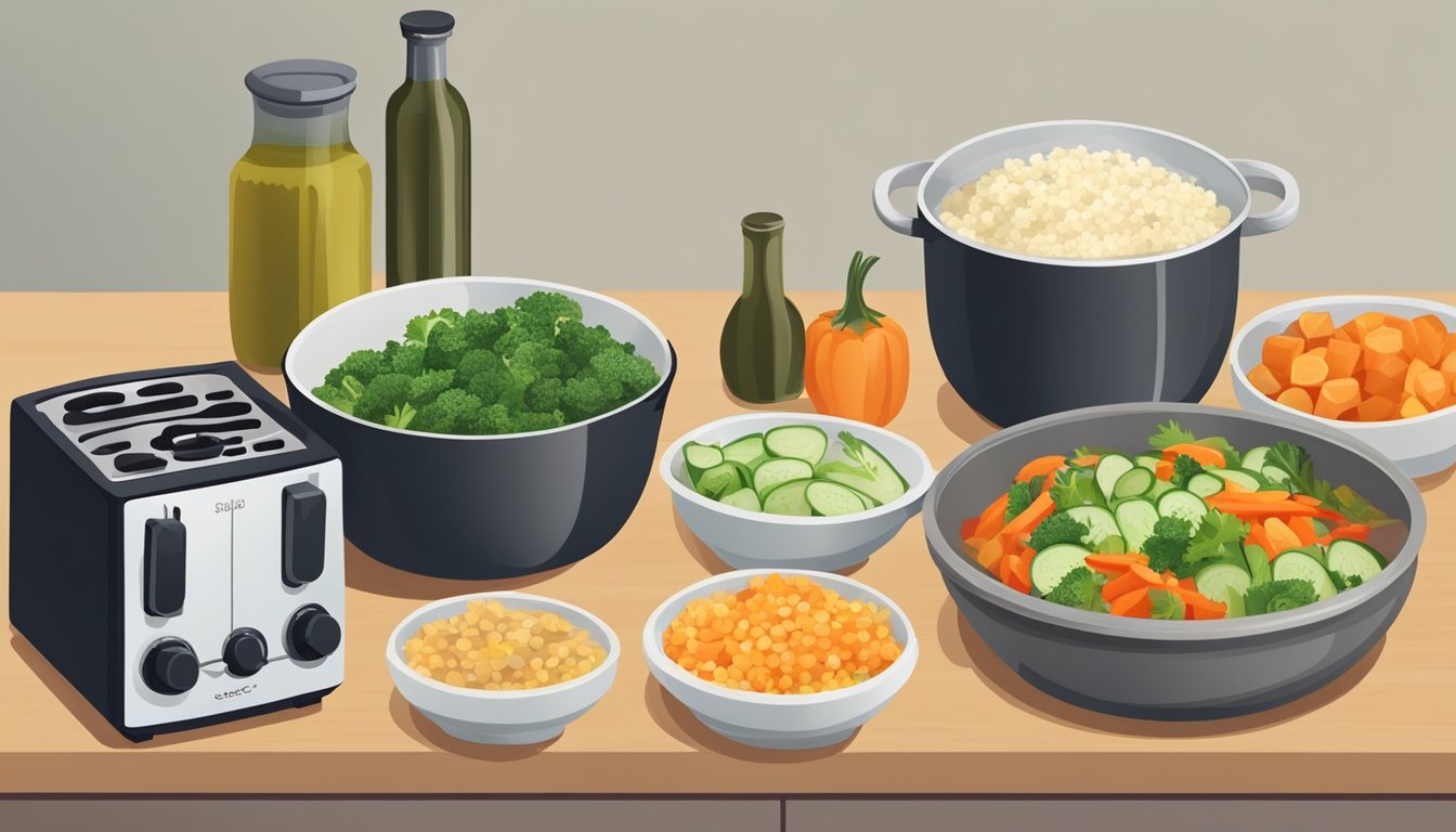 A kitchen counter with bowls of arame substitutes, next to a cutting board with fresh vegetables and a pot simmering on the stove