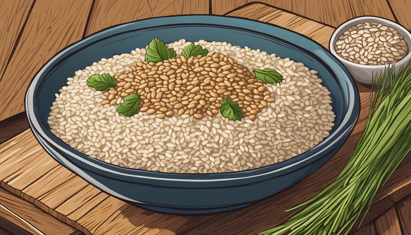 A bowl of Arborio rice surrounded by alternative grains like quinoa, barley, and farro on a wooden cutting board