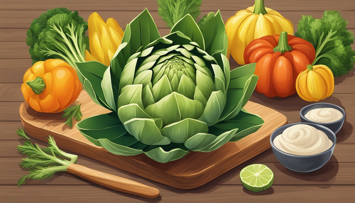 A vibrant artichoke surrounded by various vegetable substitutes on a wooden cutting board