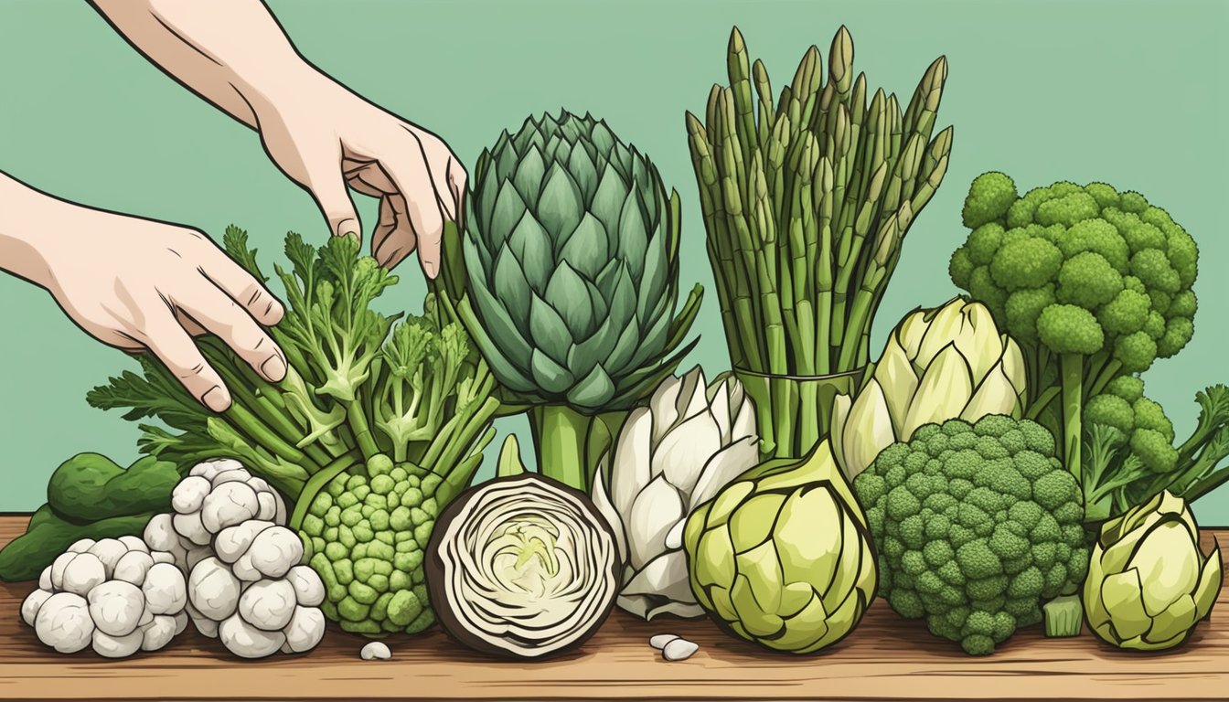 Fresh artichokes surrounded by various alternative options like asparagus, broccoli, and cauliflower. A chef's hand reaching for a substitute