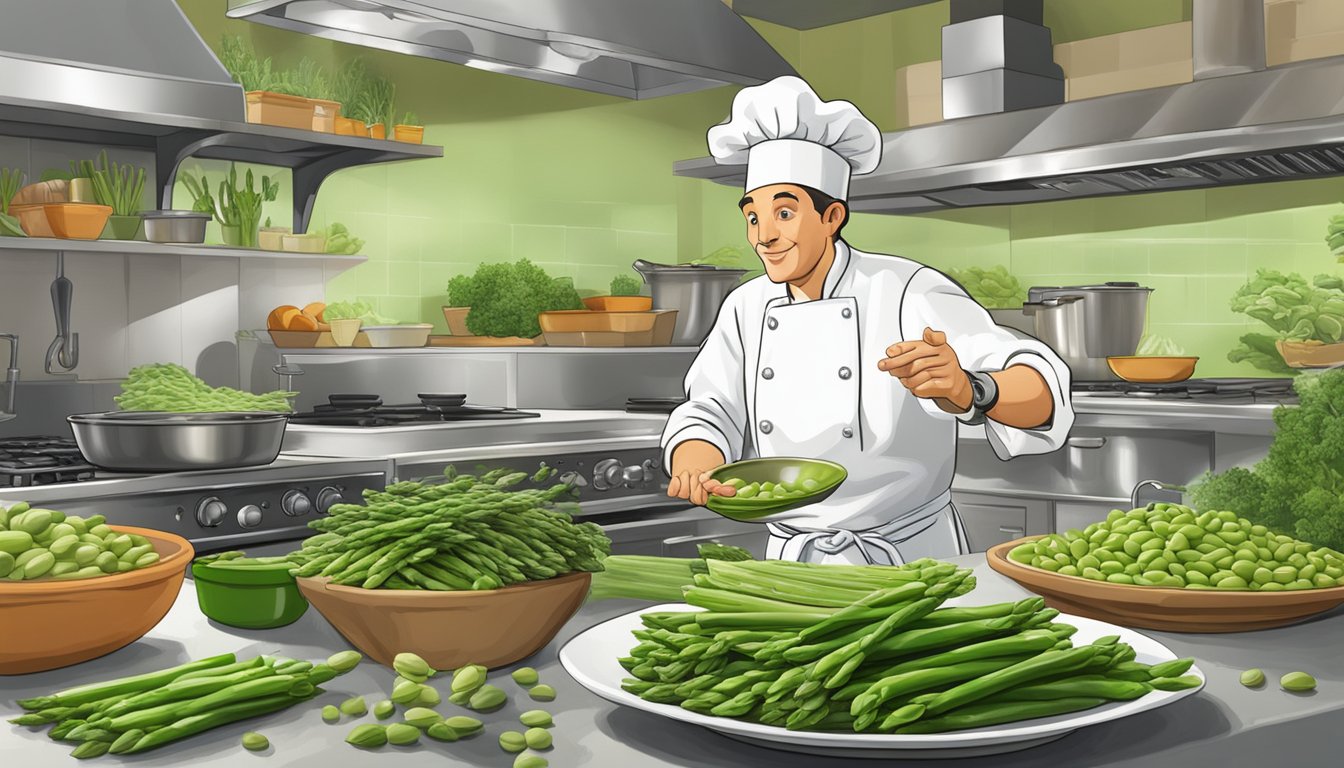 A bustling Italian kitchen with a chef reaching for a pile of vibrant green asparagus and a bowl of fresh fava beans as artichoke substitutes