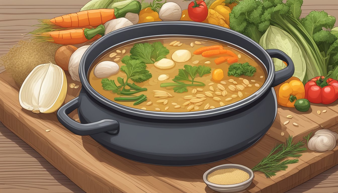 A pot of simmering broth with various grains and vegetables surrounding it on a wooden cutting board