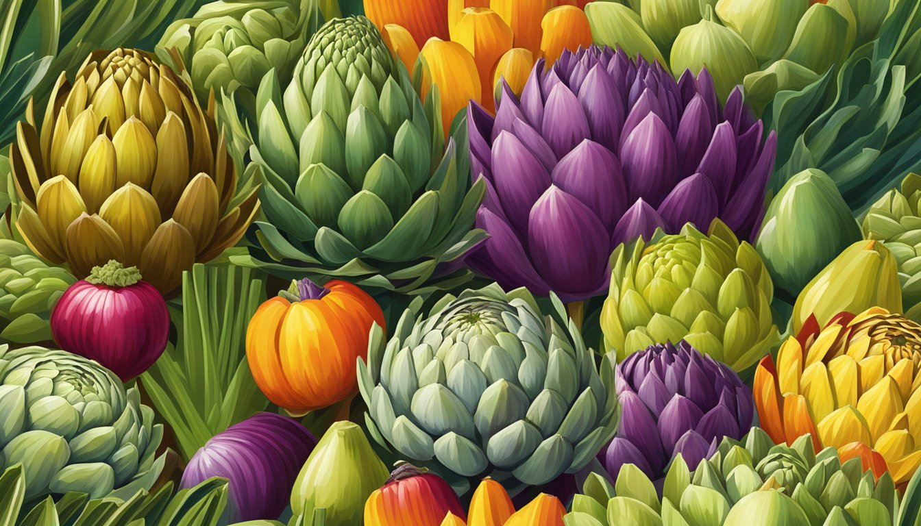 A colorful array of artichokes, along with various vegetable substitutes, arranged in a vibrant and inviting display