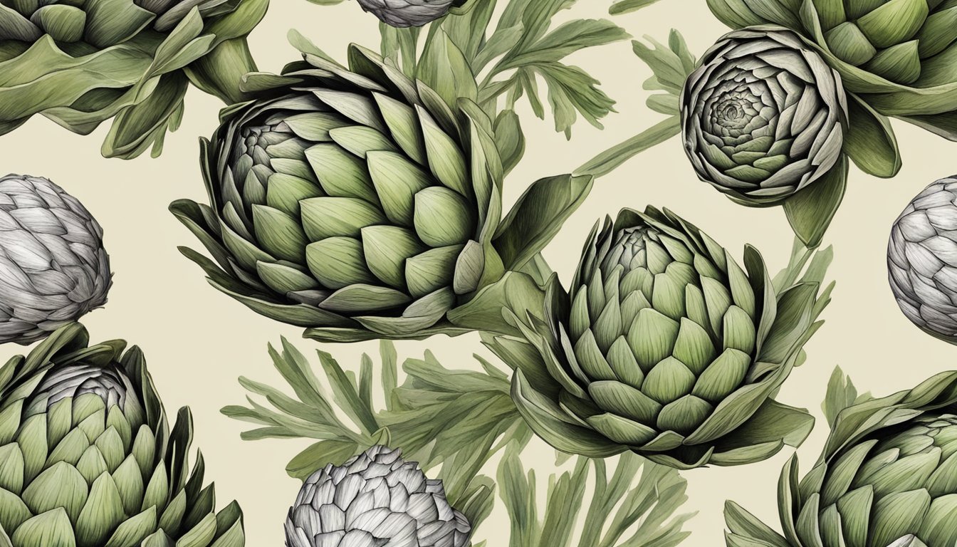 A close-up of artichokes with their unique texture, surrounded by other items with similar textures such as pinecones, seashells, and crumpled paper