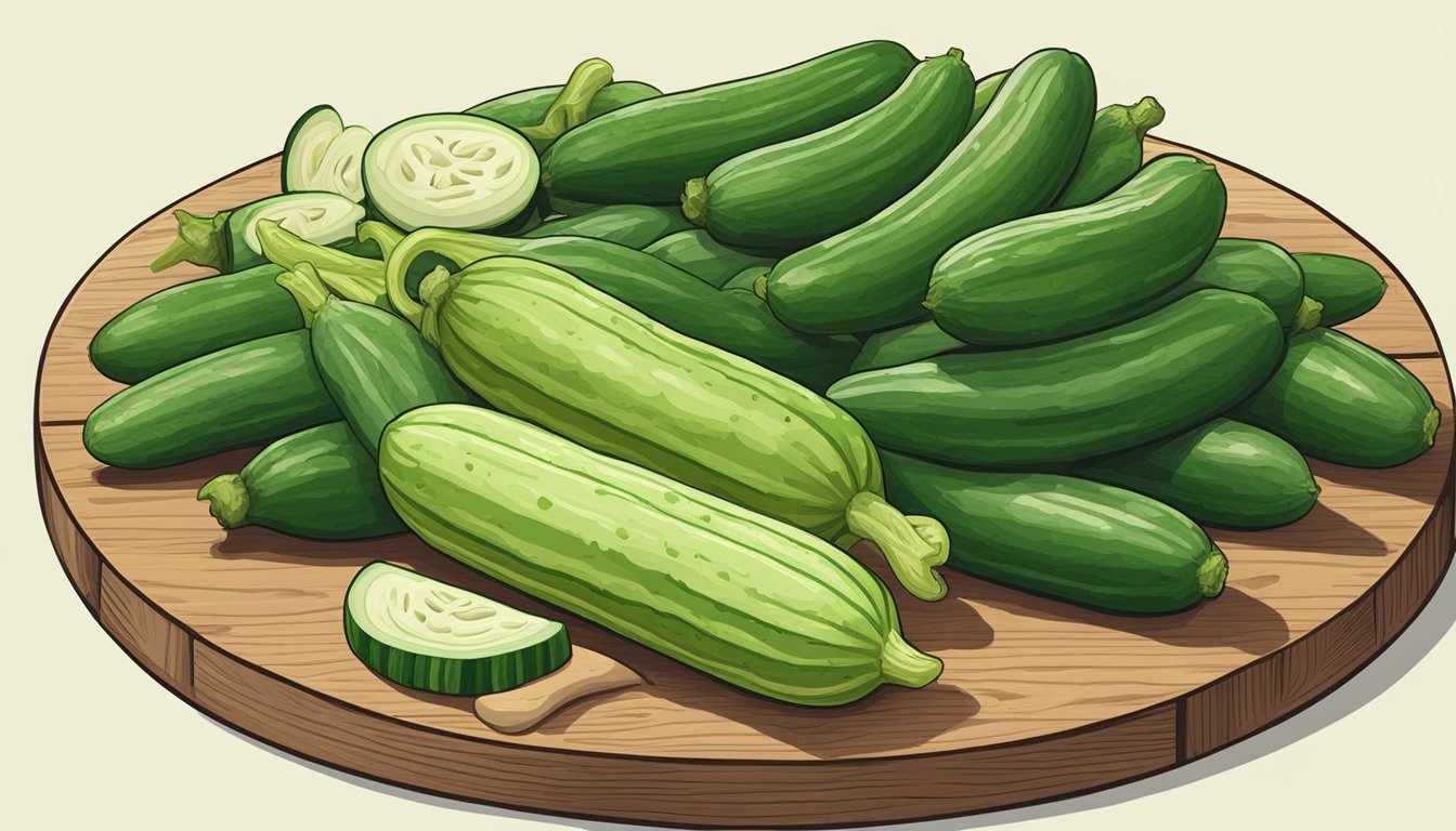 A pile of armenian cucumbers stacked on a wooden cutting board, surrounded by other potential substitutes such as zucchini, green beans, and jicama