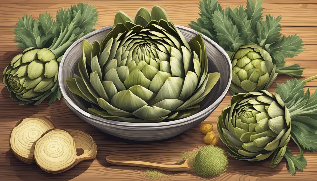 A bowl of artichokes with various alternative nutritional substitutes arranged around it on a wooden table