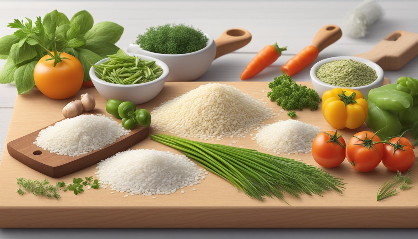 A variety of arborio rice substitutes displayed on a wooden cutting board with fresh herbs and vegetables scattered around