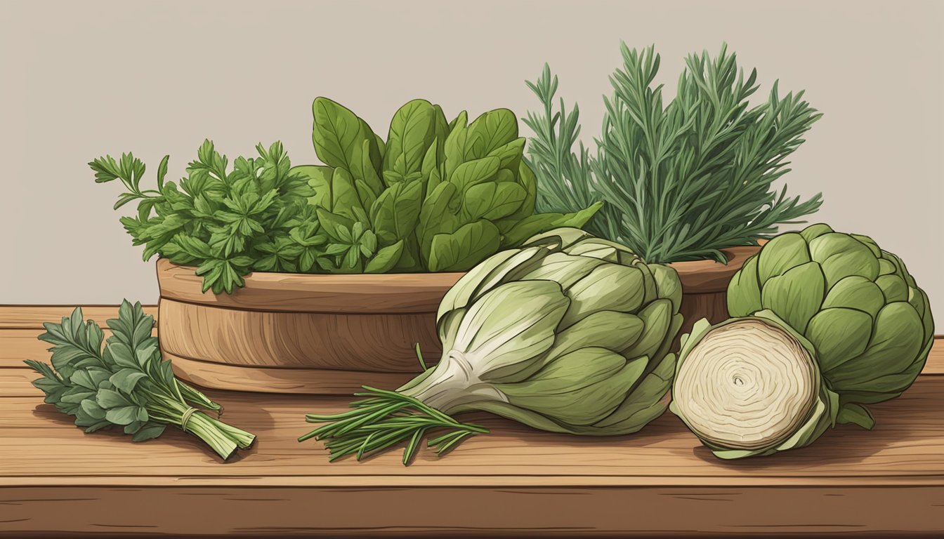 A variety of fresh herbs, including rosemary, thyme, and basil, arranged on a wooden cutting board next to a pile of artichokes